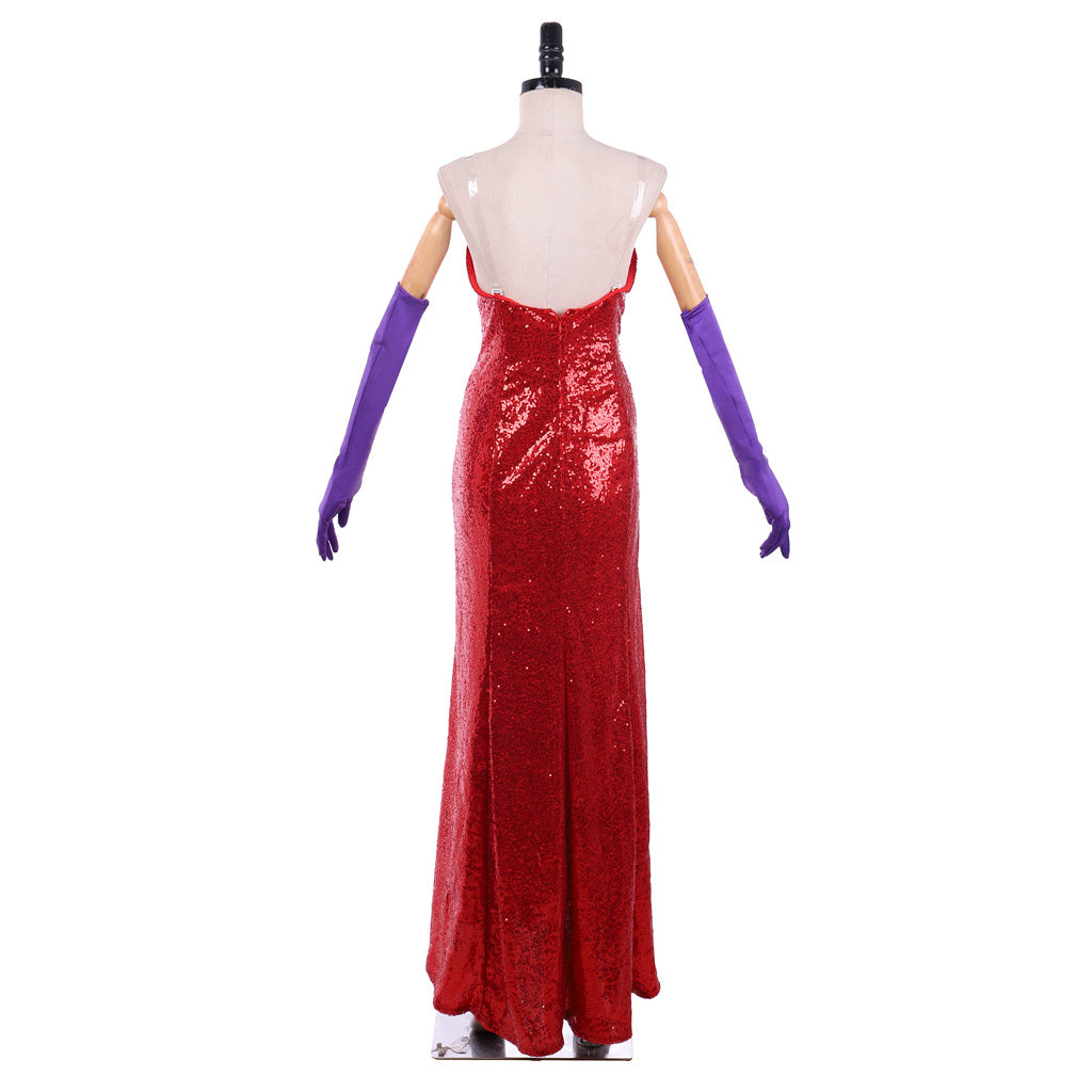 Jessica Rabbit Sexy Red Sequined Cosplay Dress with High Split and Purple Gloves