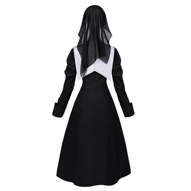 Easter Foreign Trade Spring and Autumn New Nun Costume Long Sleeve Cosplay Dress Lace Plain Color Dress Suit - Coscosmos