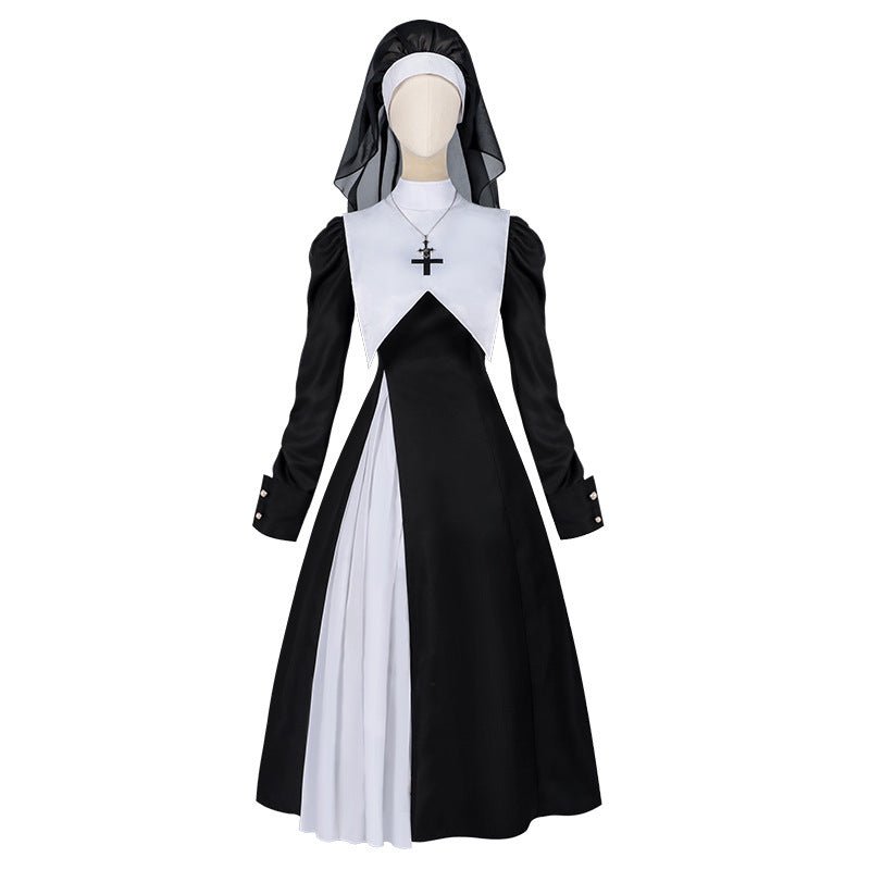 Easter Foreign Trade Spring and Autumn New Nun Costume Long Sleeve Cosplay Dress Lace Plain Color Dress Suit - Coscosmos