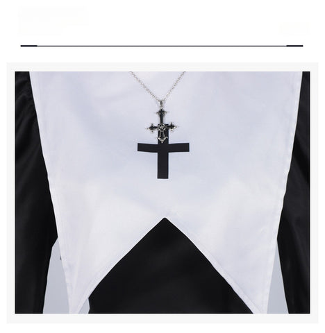 Easter Foreign Trade Spring and Autumn New Nun Costume Long Sleeve Cosplay Dress Lace Plain Color Dress Suit - Coscosmos