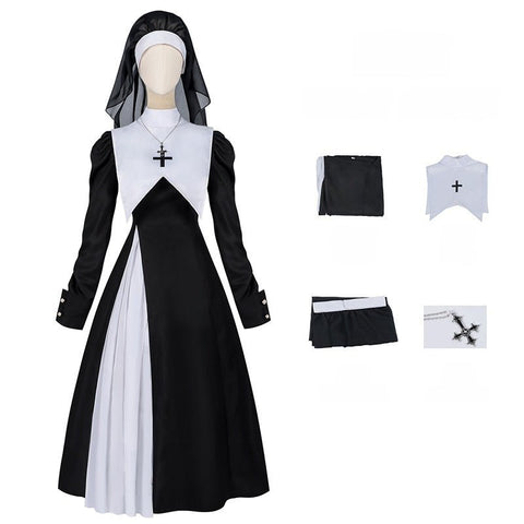 Easter Foreign Trade Spring and Autumn New Nun Costume Long Sleeve Cosplay Dress Lace Plain Color Dress Suit - Coscosmos