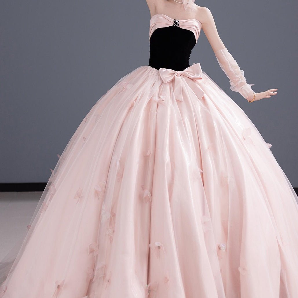 Elegant Black Velvet & Sky Blue Tulle Backless Ball Gown with Butterfly Appliques for Prom Evening Party - Coscosmos