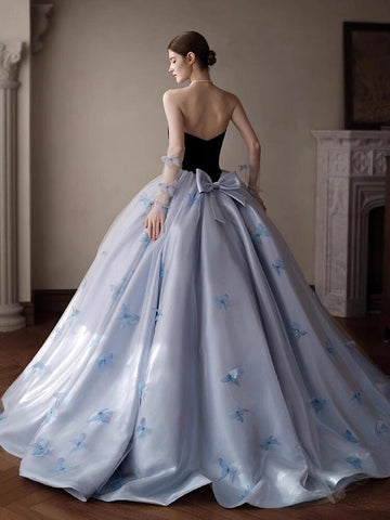 Elegant Black Velvet & Sky Blue Tulle Backless Ball Gown with Butterfly Appliques for Prom Evening Party - Coscosmos