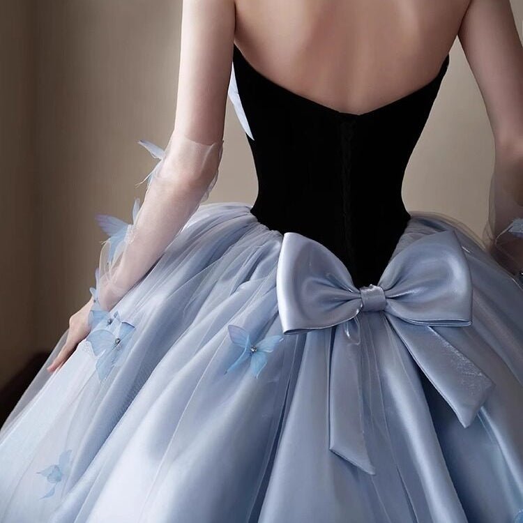 Elegant Black Velvet & Sky Blue Tulle Backless Ball Gown with Butterfly Appliques for Prom Evening Party - Coscosmos