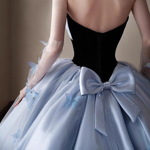 Elegant Black Velvet & Sky Blue Tulle Backless Ball Gown with Butterfly Appliques for Prom Evening Party - Coscosmos