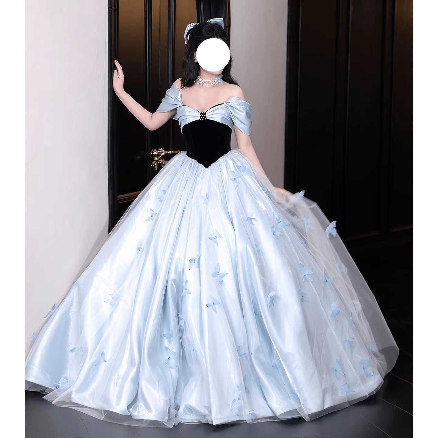 Elegant Black Velvet & Sky Blue Tulle Backless Ball Gown with Butterfly Appliques for Prom Evening Party - Coscosmos