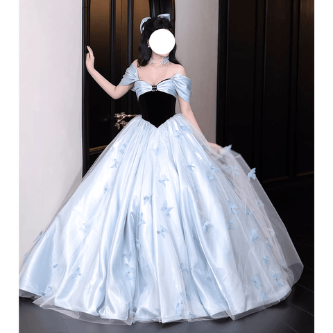 Elegant Black Velvet & Sky Blue Tulle Backless Ball Gown with Butterfly Appliques for Prom Evening Party - Coscosmos