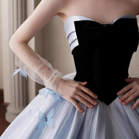 Elegant Black Velvet & Sky Blue Tulle Backless Ball Gown with Butterfly Appliques for Prom Evening Party - Coscosmos