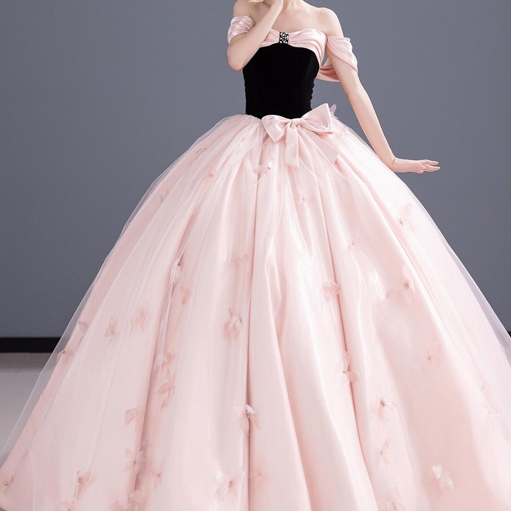 Elegant Black Velvet & Sky Blue Tulle Backless Ball Gown with Butterfly Appliques for Prom Evening Party - Coscosmos