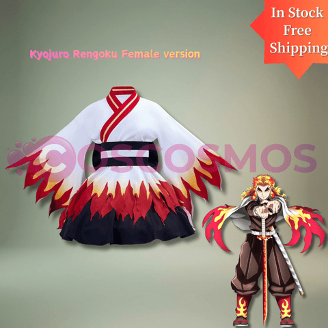 Elegant Demon Slayer Kyojuro Rengoku Women's Kimono Cosplay Costume - Coscosmos