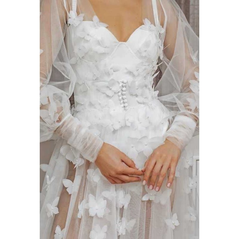 Elegant Lace Butterfly High - Waist Long Sleeve V - Neck Floor - Length Wedding Dress Bridesmaid Gown Cosplay Costume - Coscosmos