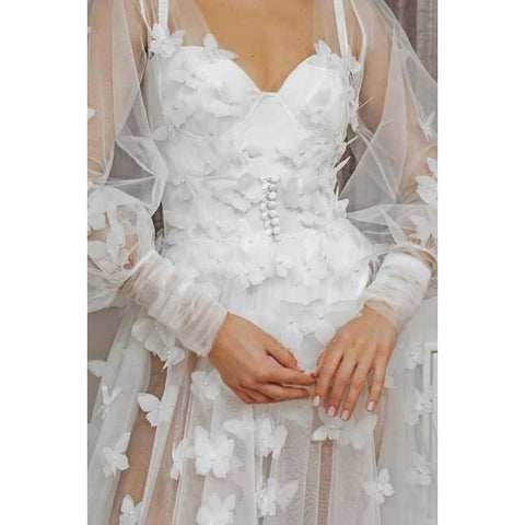 Elegant Lace Butterfly High - Waist Long Sleeve V - Neck Floor - Length Wedding Dress Bridesmaid Gown Cosplay Costume - Coscosmos