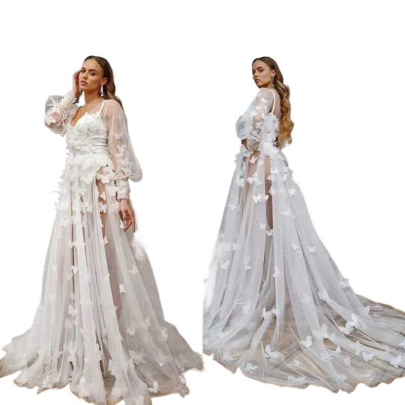 Elegant Lace Butterfly High - Waist Long Sleeve V - Neck Floor - Length Wedding Dress Bridesmaid Gown Cosplay Costume - Coscosmos