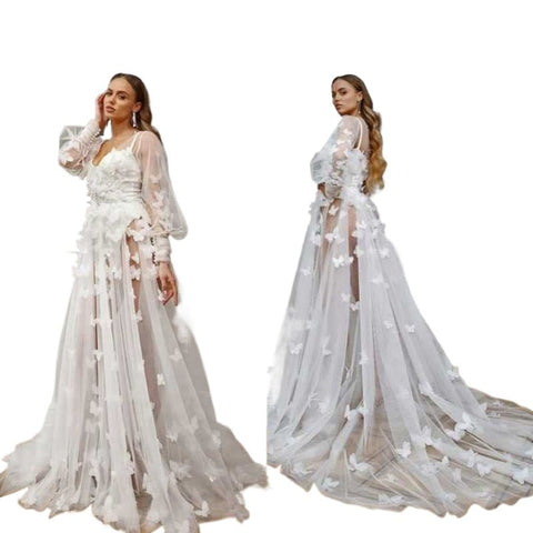 Elegant Lace Butterfly High - Waist Long Sleeve V - Neck Floor - Length Wedding Dress Bridesmaid Gown Cosplay Costume - Coscosmos