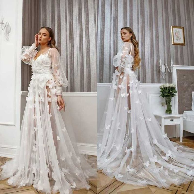 Elegant Lace Butterfly High - Waist Long Sleeve V - Neck Floor - Length Wedding Dress Bridesmaid Gown Cosplay Costume - Coscosmos