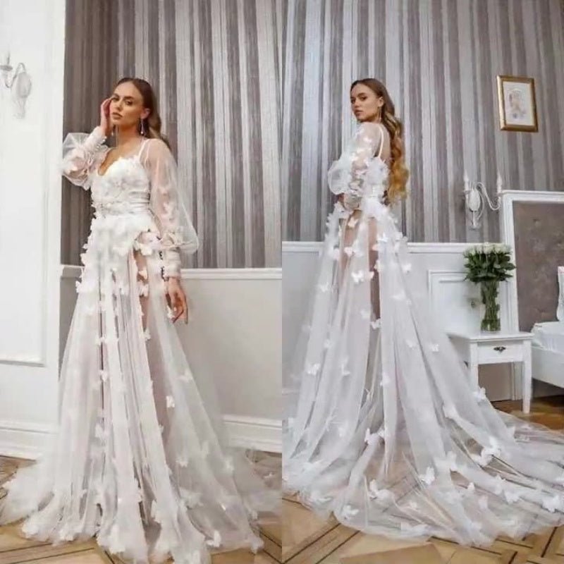 Elegant Lace Butterfly High - Waist Long Sleeve V - Neck Floor - Length Wedding Dress Bridesmaid Gown Cosplay Costume - Coscosmos