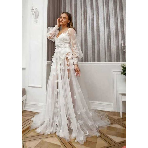 Elegant Lace Butterfly High - Waist Long Sleeve V - Neck Floor - Length Wedding Dress Bridesmaid Gown Cosplay Costume - Coscosmos