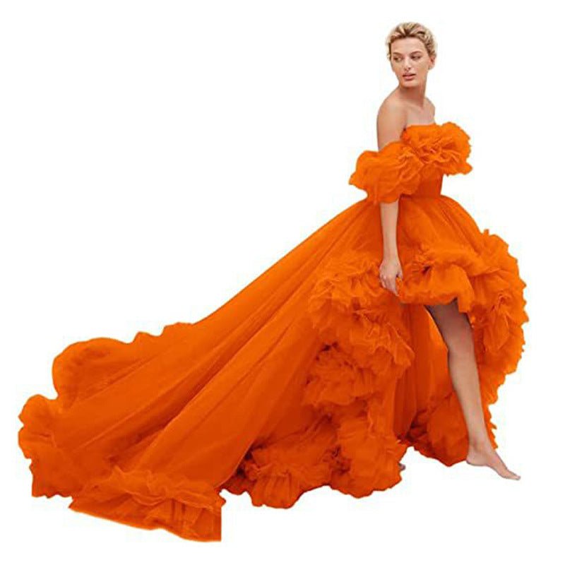 Elegant Orange Red V - Neck Front Short Back Long Train Floral Ruffle Chiffon Cosplay Dress for Women - Gothic Ball Gown Costume - Coscosmos