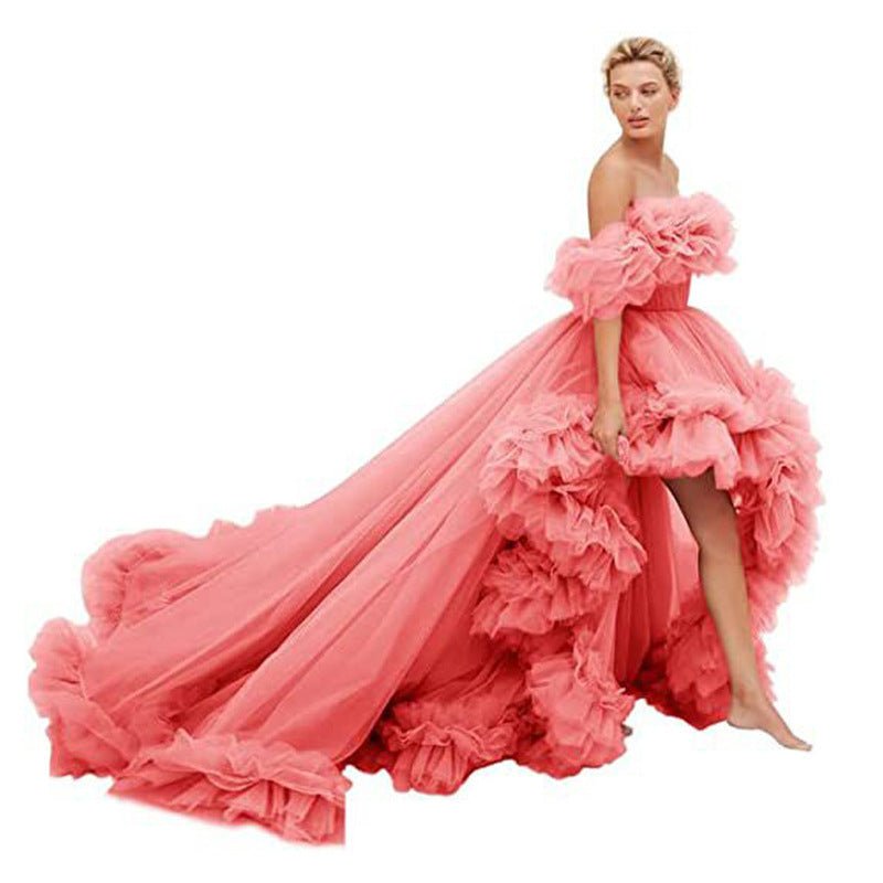 Elegant Orange Red V - Neck Front Short Back Long Train Floral Ruffle Chiffon Cosplay Dress for Women - Gothic Ball Gown Costume - Coscosmos