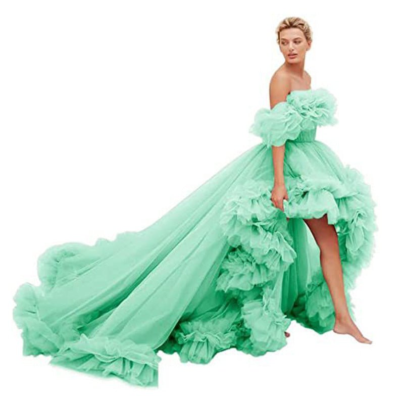 Elegant Orange Red V - Neck Front Short Back Long Train Floral Ruffle Chiffon Cosplay Dress for Women - Gothic Ball Gown Costume - Coscosmos