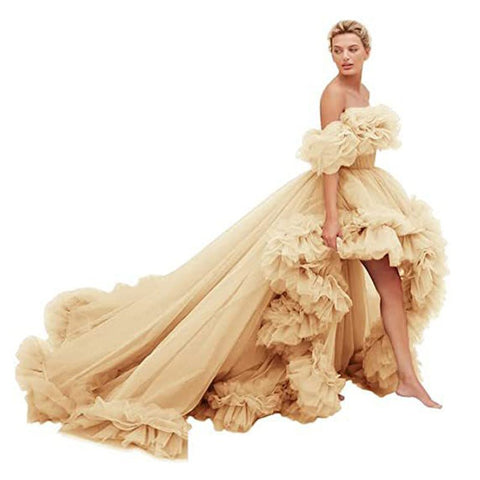 Elegant Orange Red V - Neck Front Short Back Long Train Floral Ruffle Chiffon Cosplay Dress for Women - Gothic Ball Gown Costume - Coscosmos