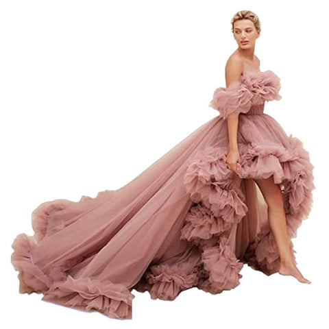 Elegant Orange Red V - Neck Front Short Back Long Train Floral Ruffle Chiffon Cosplay Dress for Women - Gothic Ball Gown Costume - Coscosmos