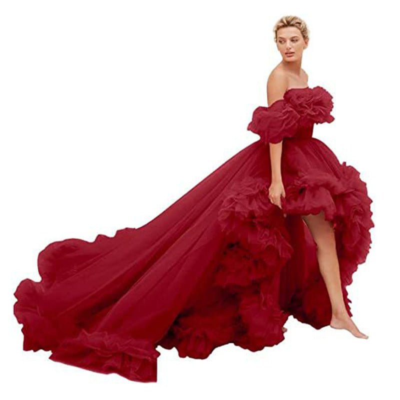 Elegant Orange Red V - Neck Front Short Back Long Train Floral Ruffle Chiffon Cosplay Dress for Women - Gothic Ball Gown Costume - Coscosmos
