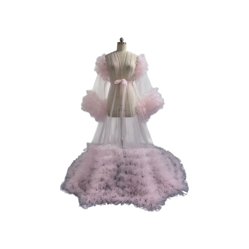 Elegant V - Neck Cape Bridesmaid Wedding Dress Cosplay Costume with Chiffon Ruffle Hem - Light Blue Outerwear for Stage Performance - Coscosmos