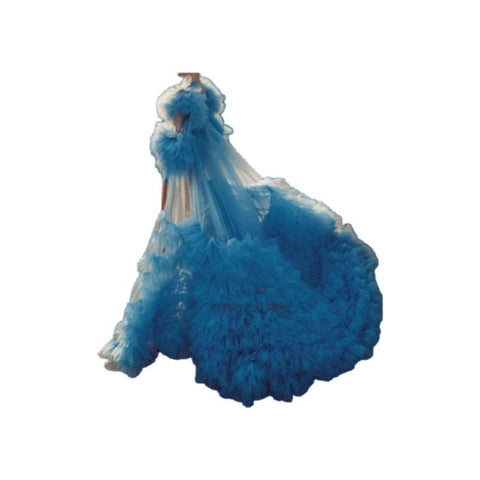 Elegant V - Neck Cape Bridesmaid Wedding Dress Cosplay Costume with Chiffon Ruffle Hem - Light Blue Outerwear for Stage Performance - Coscosmos