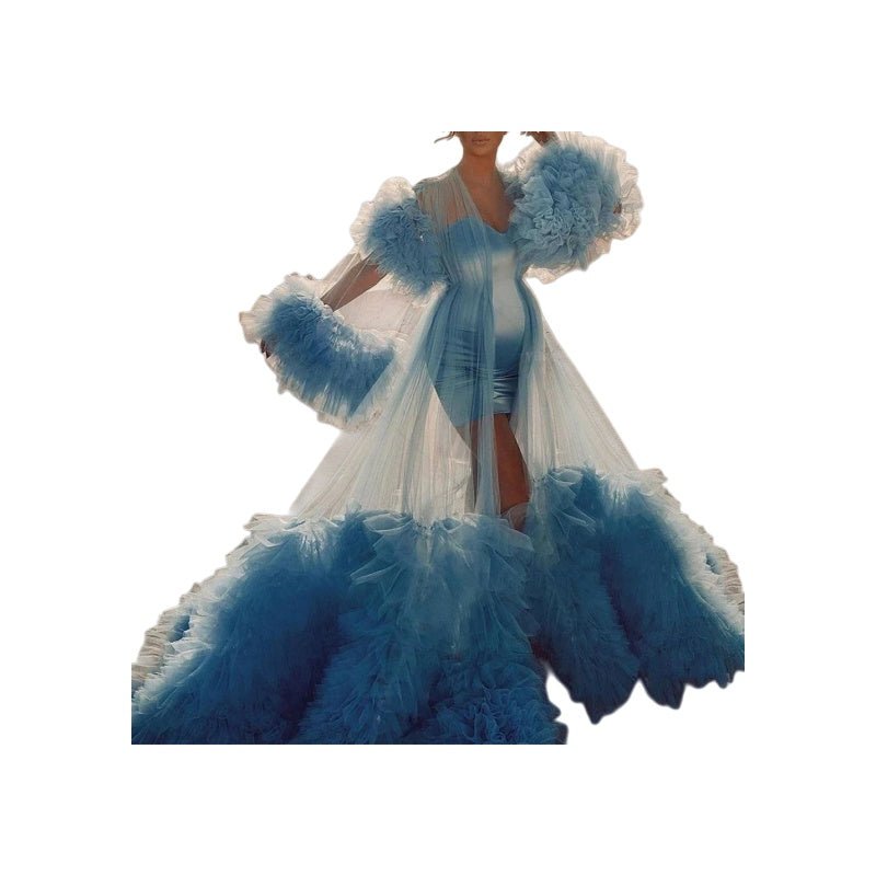 Elegant V - Neck Cape Bridesmaid Wedding Dress Cosplay Costume with Chiffon Ruffle Hem - Light Blue Outerwear for Stage Performance - Coscosmos
