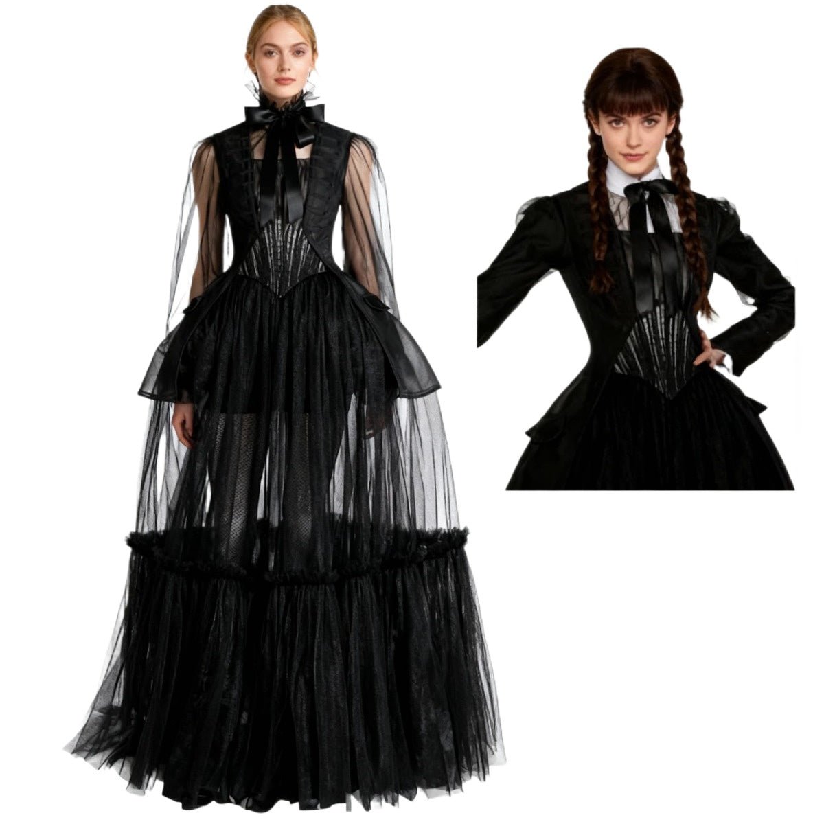 Elegant Wednesday Addams Black Evening Gown Inspired by Wednesday Season 2 - Coscosmos