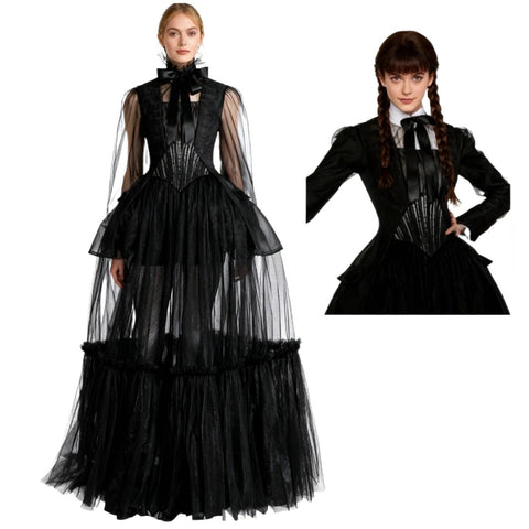 Elegant Wednesday Addams Black Evening Gown Inspired by Wednesday Season 2 - Coscosmos