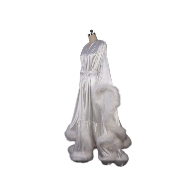 Elegant White Wedding Bridal Robe Long Cloak with Fur Trim for Stage Performance Cosplay Costume - Coscosmos