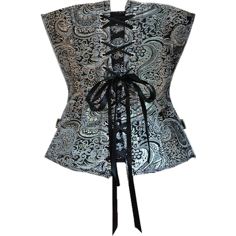 Emily Gothic Steel - Buckle Printed Silver Waist - Cinching Corset - Victorian Era Gothic Corset - Coscosmos
