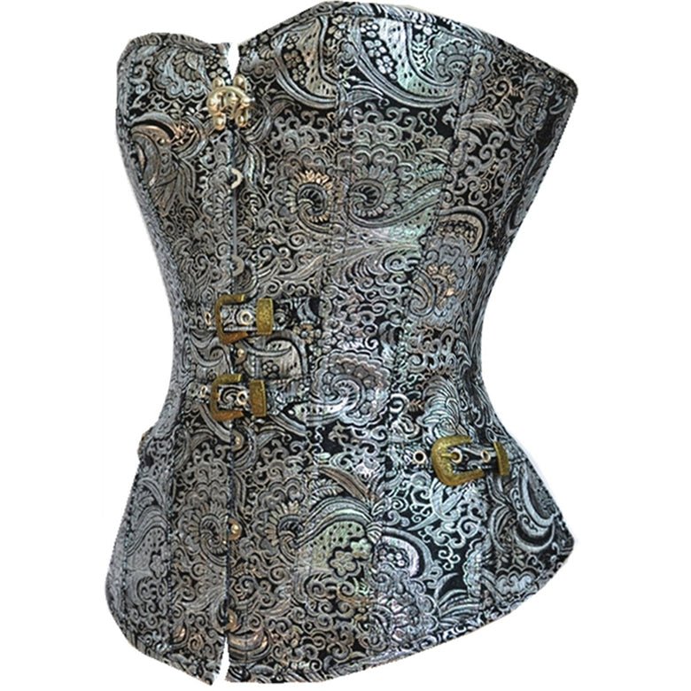 Emily Gothic Steel - Buckle Printed Silver Waist - Cinching Corset - Victorian Era Gothic Corset - Coscosmos