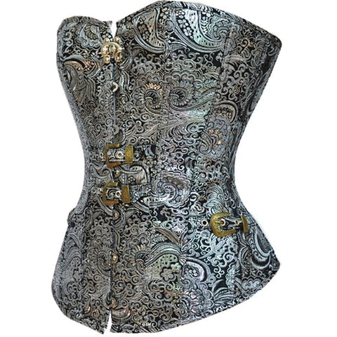 Emily Gothic Steel - Buckle Printed Silver Waist - Cinching Corset - Victorian Era Gothic Corset - Coscosmos