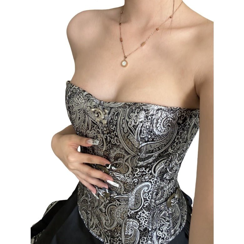 Emily Gothic Steel - Buckle Printed Silver Waist - Cinching Corset - Victorian Era Gothic Corset - Coscosmos