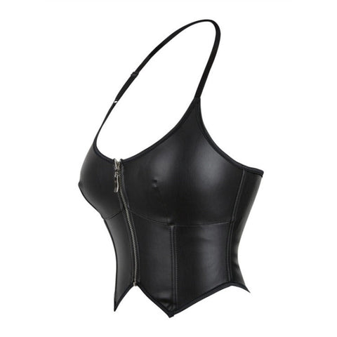 European and American Motorcycle Uniform New PU Leather Halter Zip - Up Women's Corset Top Sleeveless - Coscosmos