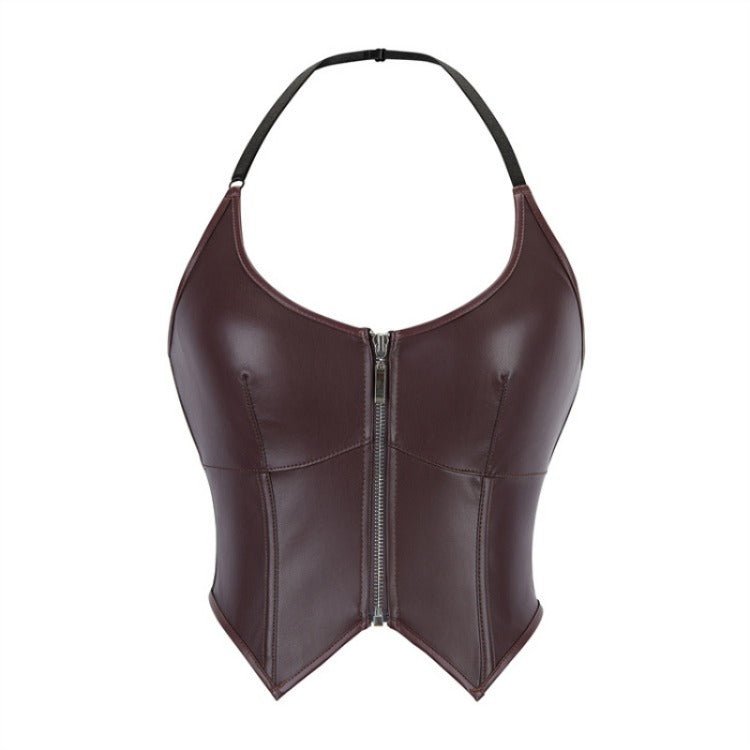 European and American Motorcycle Uniform New PU Leather Halter Zip - Up Women's Corset Top Sleeveless - Coscosmos