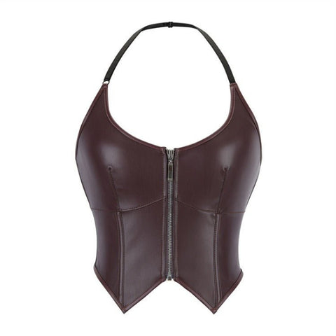 European and American Motorcycle Uniform New PU Leather Halter Zip - Up Women's Corset Top Sleeveless - Coscosmos