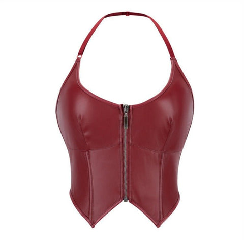 European and American Motorcycle Uniform New PU Leather Halter Zip - Up Women's Corset Top Sleeveless - Coscosmos