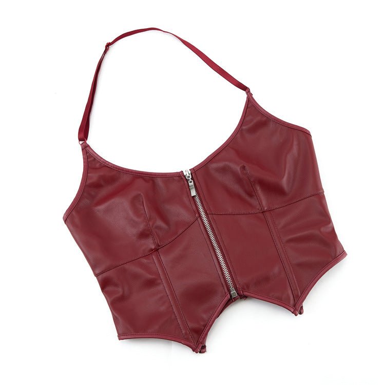 European and American Motorcycle Uniform New PU Leather Halter Zip - Up Women's Corset Top Sleeveless - Coscosmos