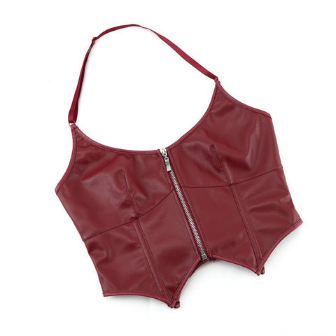 European and American Motorcycle Uniform New PU Leather Halter Zip - Up Women's Corset Top Sleeveless - Coscosmos