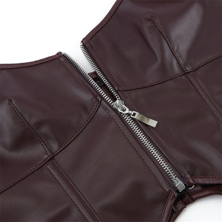 European and American Motorcycle Uniform New PU Leather Halter Zip - Up Women's Corset Top Sleeveless - Coscosmos