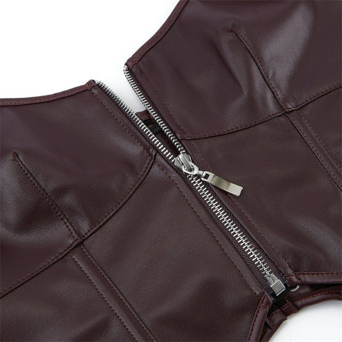 European and American Motorcycle Uniform New PU Leather Halter Zip - Up Women's Corset Top Sleeveless - Coscosmos