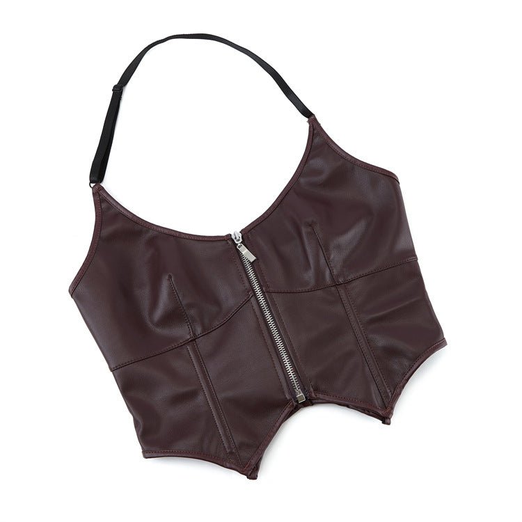 European and American Motorcycle Uniform New PU Leather Halter Zip - Up Women's Corset Top Sleeveless - Coscosmos