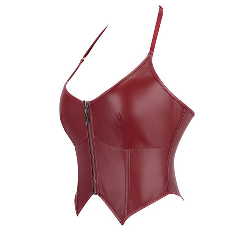 European and American Motorcycle Uniform New PU Leather Halter Zip - Up Women's Corset Top Sleeveless - Coscosmos