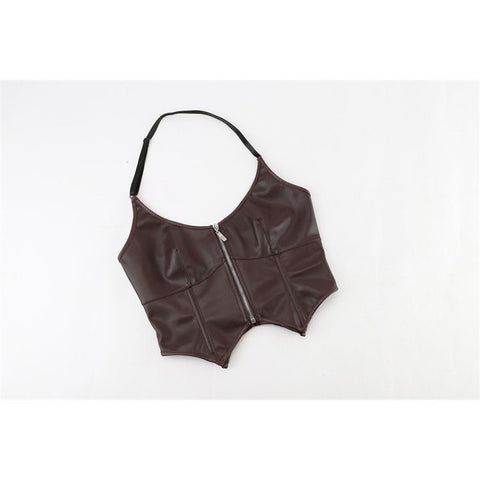 European and American Motorcycle Uniform New PU Leather Halter Zip - Up Women's Corset Top Sleeveless - Coscosmos
