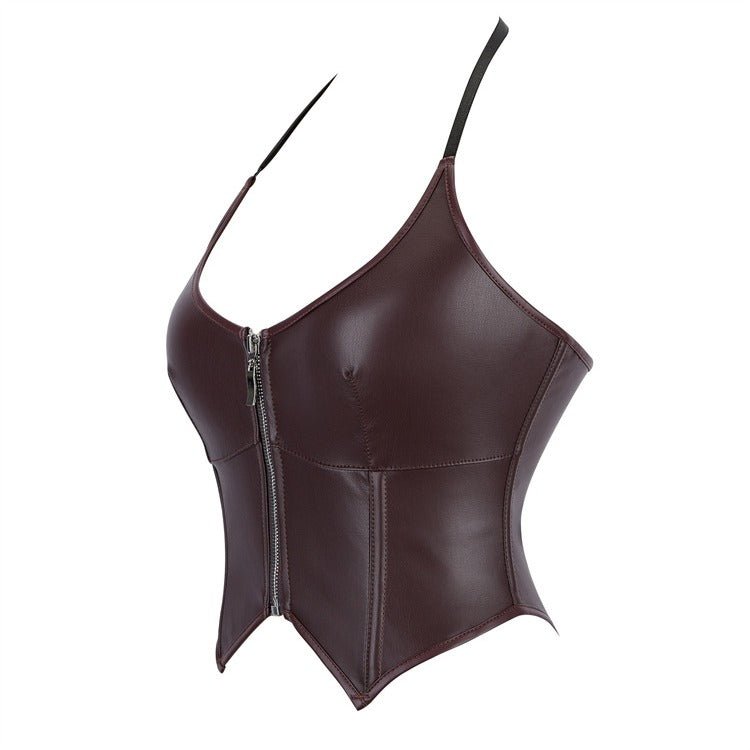 European and American Motorcycle Uniform New PU Leather Halter Zip - Up Women's Corset Top Sleeveless - Coscosmos