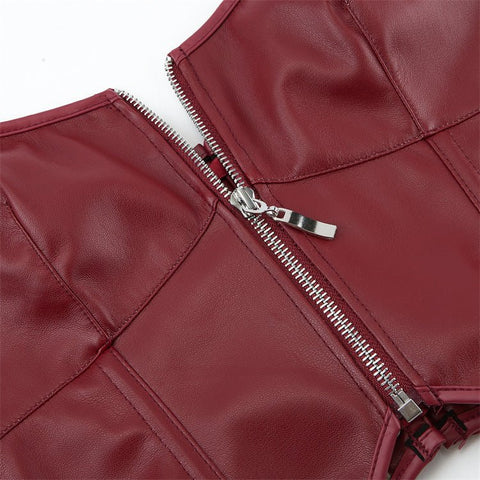 European and American Motorcycle Uniform New PU Leather Halter Zip - Up Women's Corset Top Sleeveless - Coscosmos
